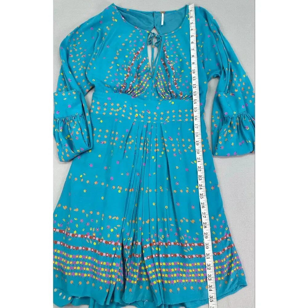 Free People Coryn Mini Dress Cherry Print Teal Blue Green Cut Out Pleated Size 4 - Picture 8 of 12